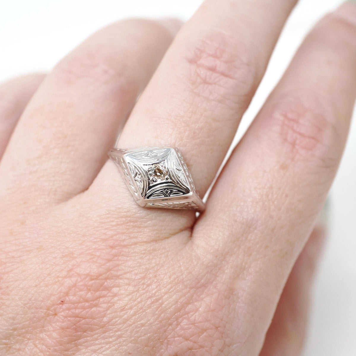 Vintage Diamond Ring - Art Deco 14k White Gold East West Rhombus .08 CT Faint Yellow Solitaire - Circa 1930s Era Size 6 1/2 Fine Jewelry