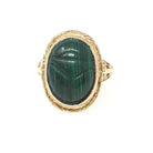 Vintage Scarab Ring - Art Deco 14k Yellow Gold Carved Natural Malachite Gem Solitaire - Circa 1930s Size 4 3/4 Egyptian Revival Fine Jewelry