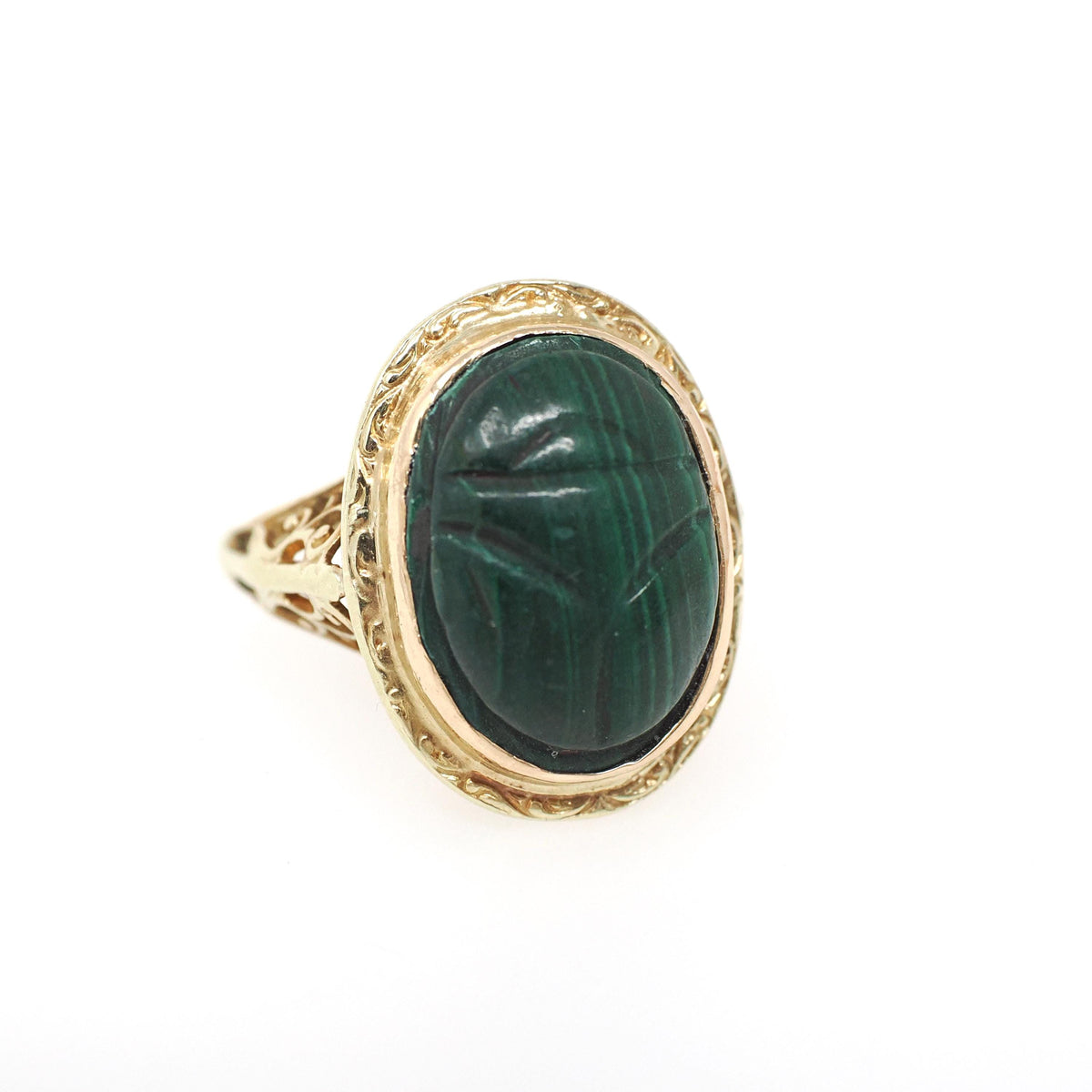 Vintage Scarab Ring - Art Deco 14k Yellow Gold Carved Natural Malachite Gem Solitaire - Circa 1930s Size 4 3/4 Egyptian Revival Fine Jewelry