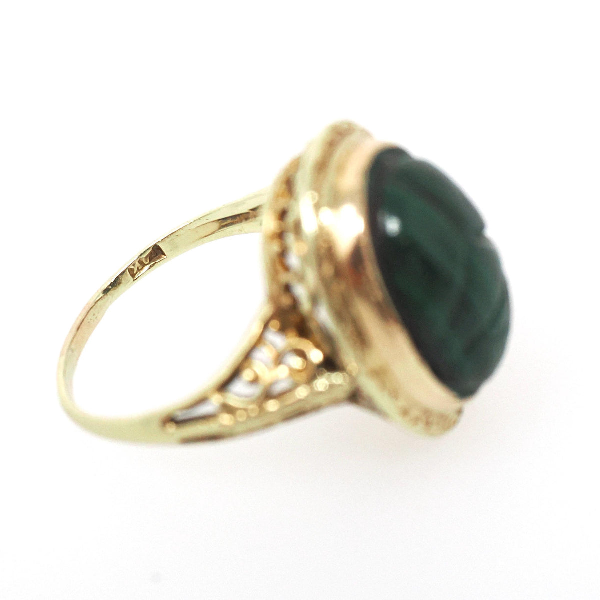 Vintage Scarab Ring - Art Deco 14k Yellow Gold Carved Natural Malachite Gem Solitaire - Circa 1930s Size 4 3/4 Egyptian Revival Fine Jewelry