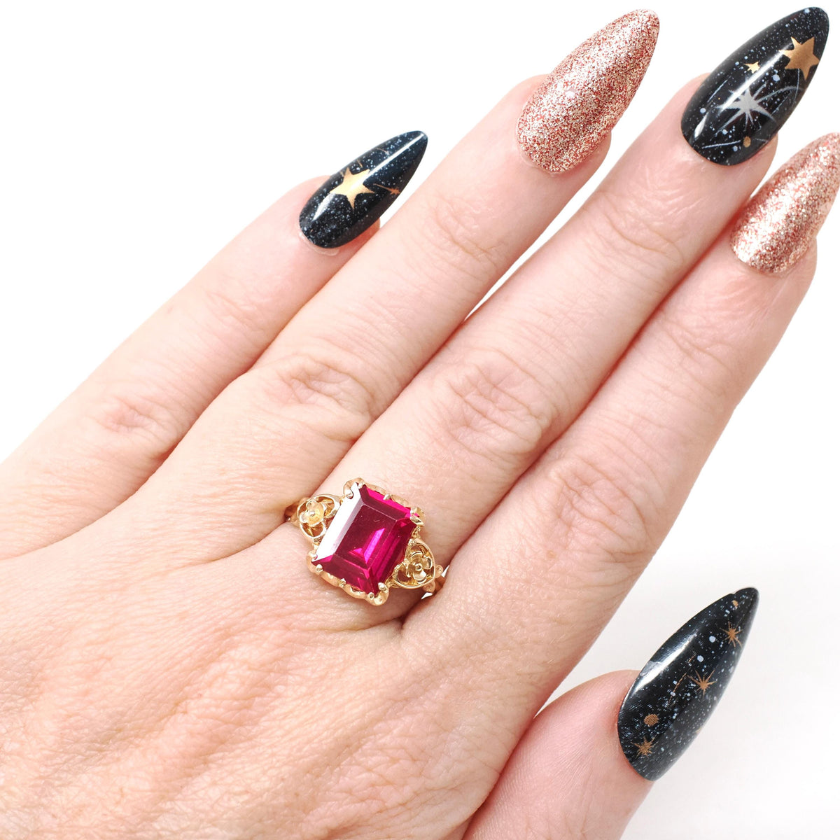 Vintage Floral Ring - Retro Era 10k Yellow Gold Synthetic Ruby Statement - Circa 1940s Size 6 1/4 Flower Heart July Birthstone Fine Jewelry
