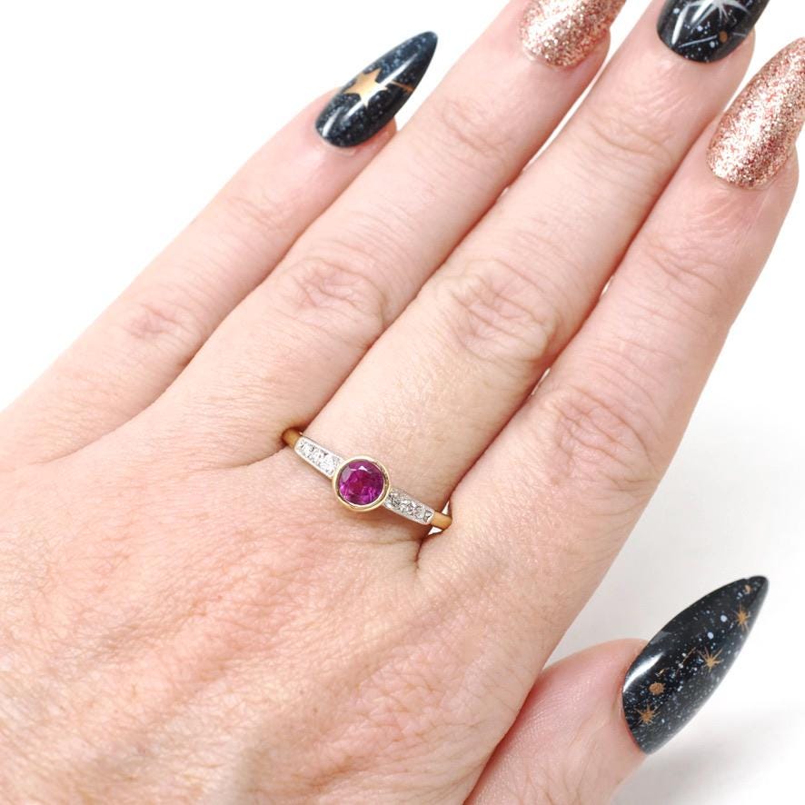 Ruby & Diamond Engagement Ring - Modern Era 14k Yellow Gold Platinum .66 CT Bezel Natural Red Corundum Gem - Circa 2000s Size 8 Fine Jewelry