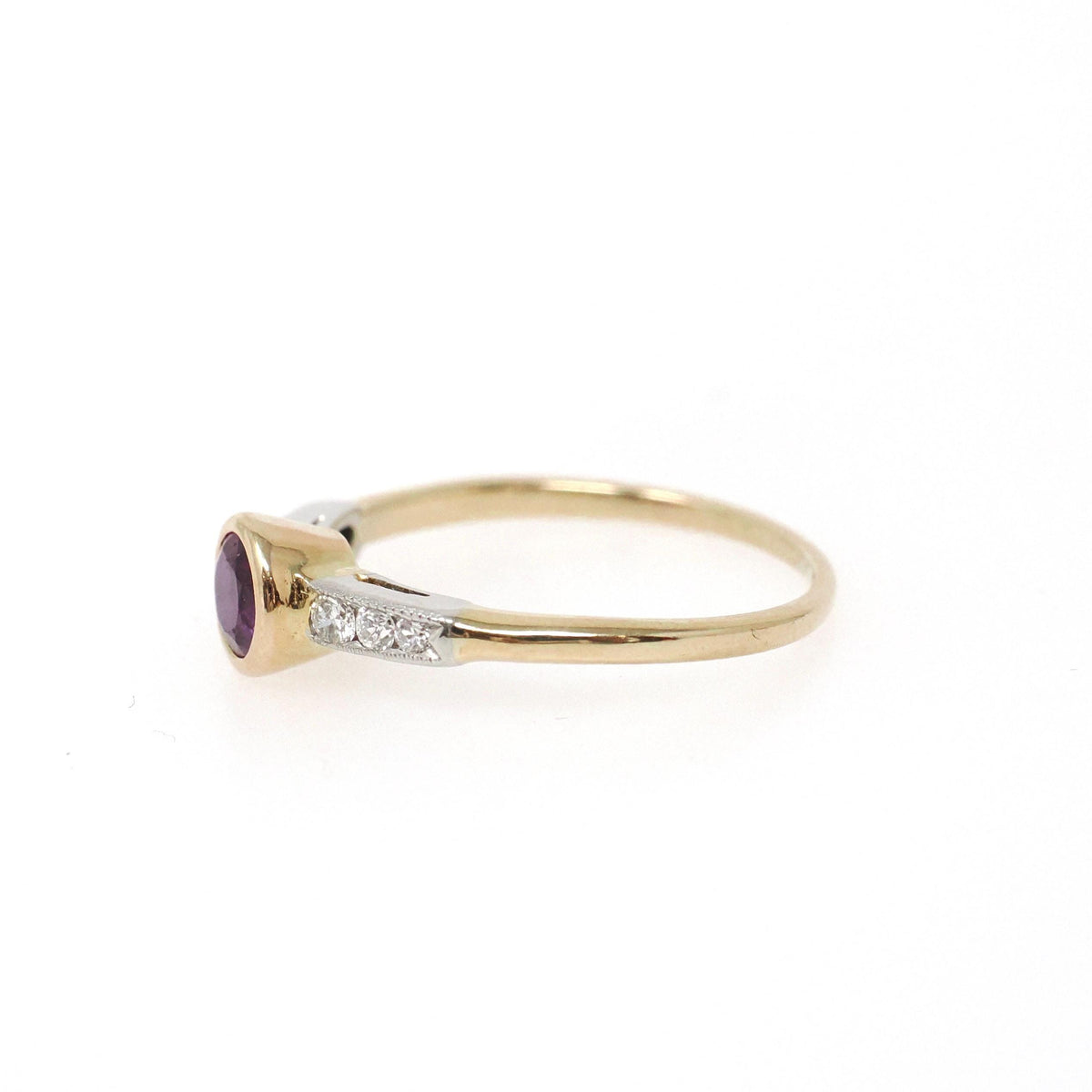 Ruby & Diamond Engagement Ring - Modern Era 14k Yellow Gold Platinum .66 CT Bezel Natural Red Corundum Gem - Circa 2000s Size 8 Fine Jewelry