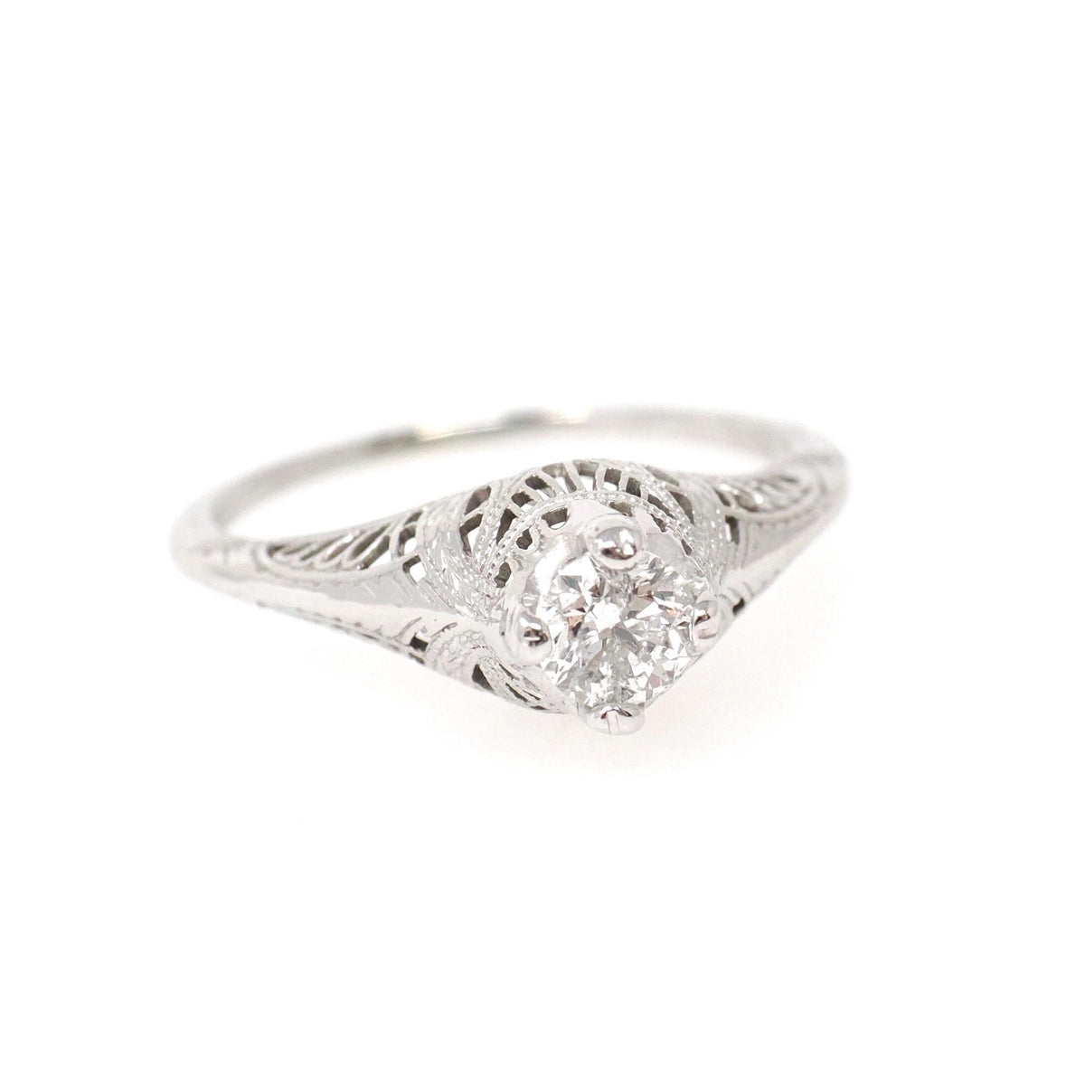 Antique Diamond Ring - Art Deco 18k White Gold Natural .43 CT Filigree Solitaire Engagement - Circa 1920s Era Size 8 Fine Bridal Jewelry