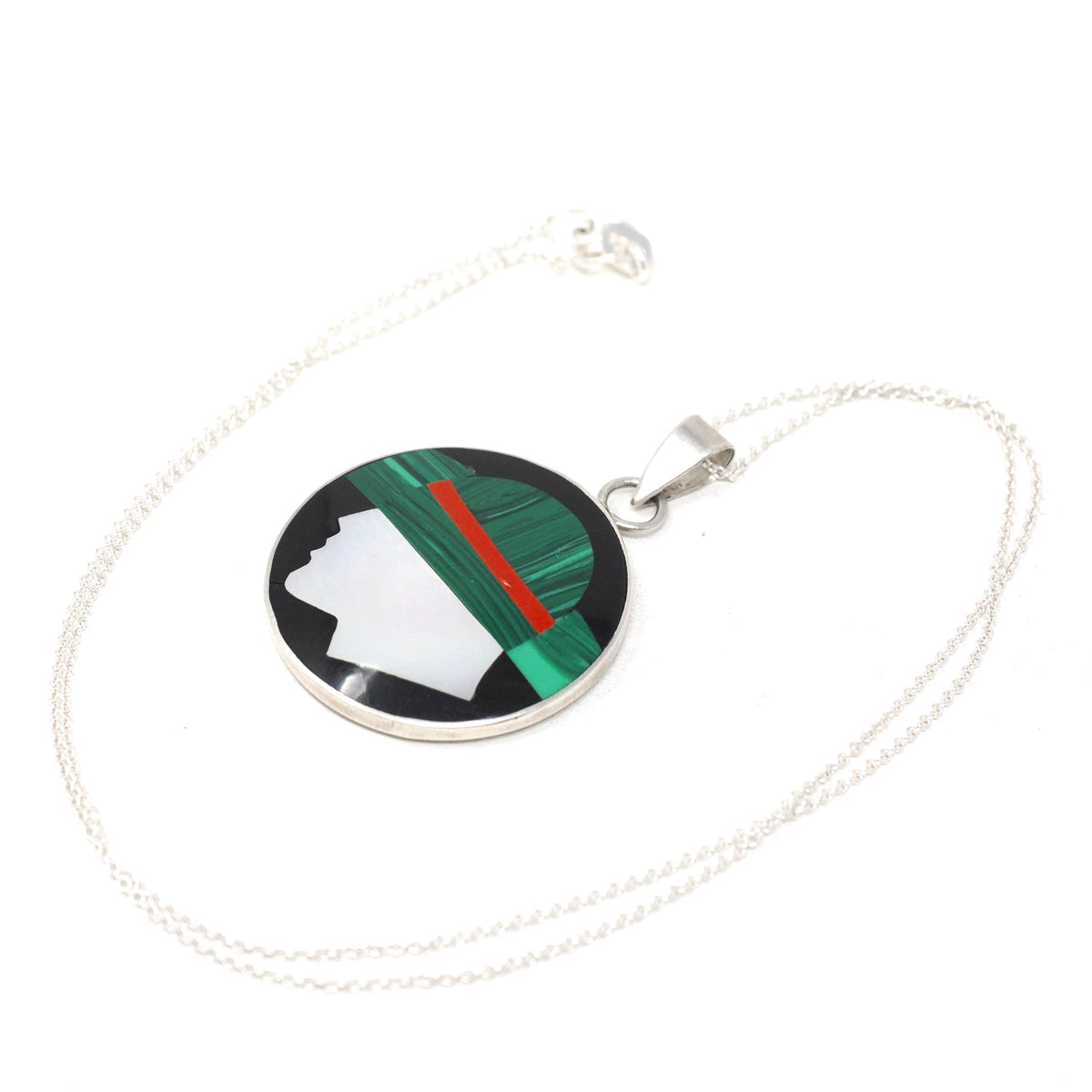 Inlayed Gemstone Pendant - Contemporary Sterling Silver Black Enamel Natural Malachite Mother of Pearl Pendant - Circa 2000s Fashion Jewelry
