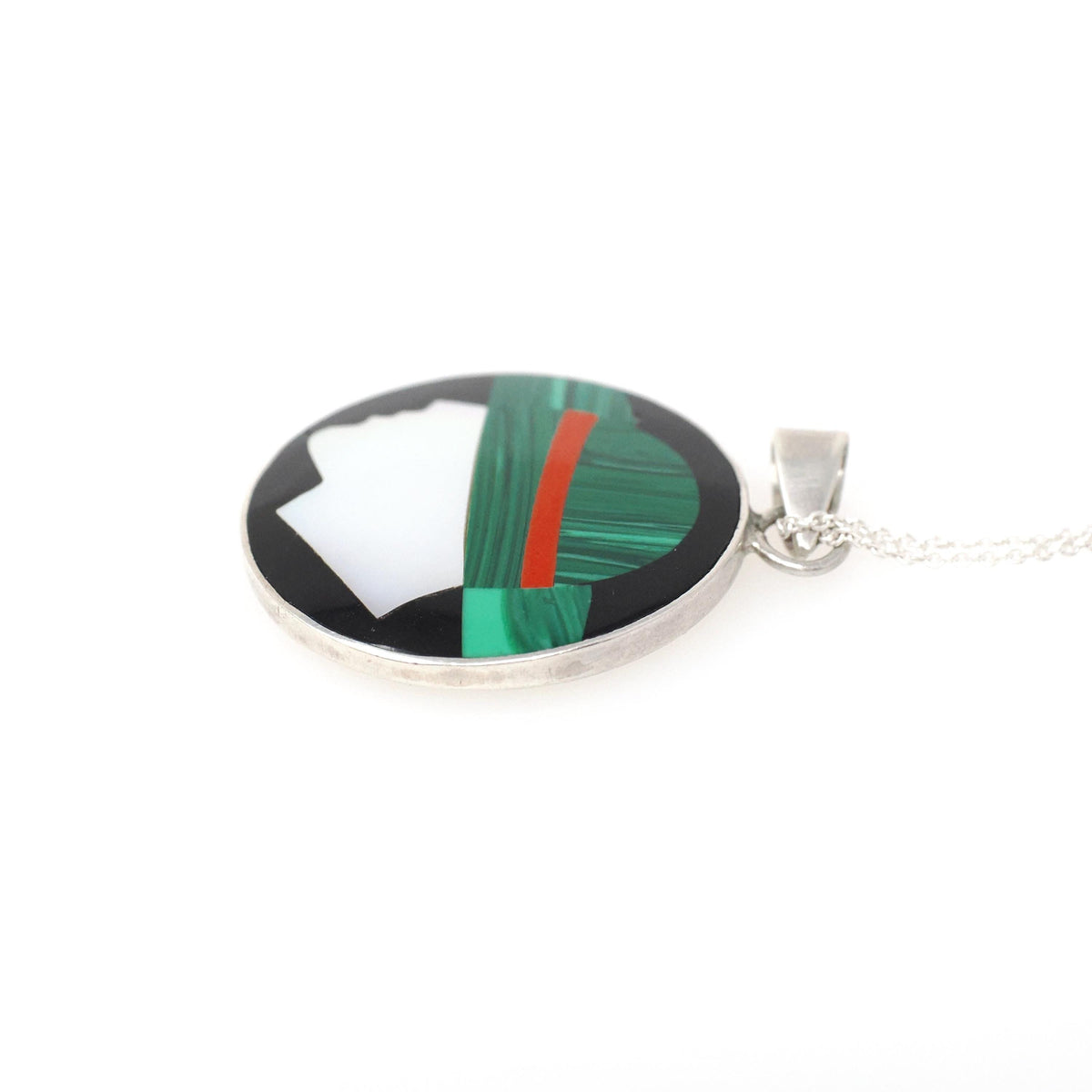 Inlayed Gemstone Pendant - Contemporary Sterling Silver Black Enamel Natural Malachite Mother of Pearl Pendant - Circa 2000s Fashion Jewelry