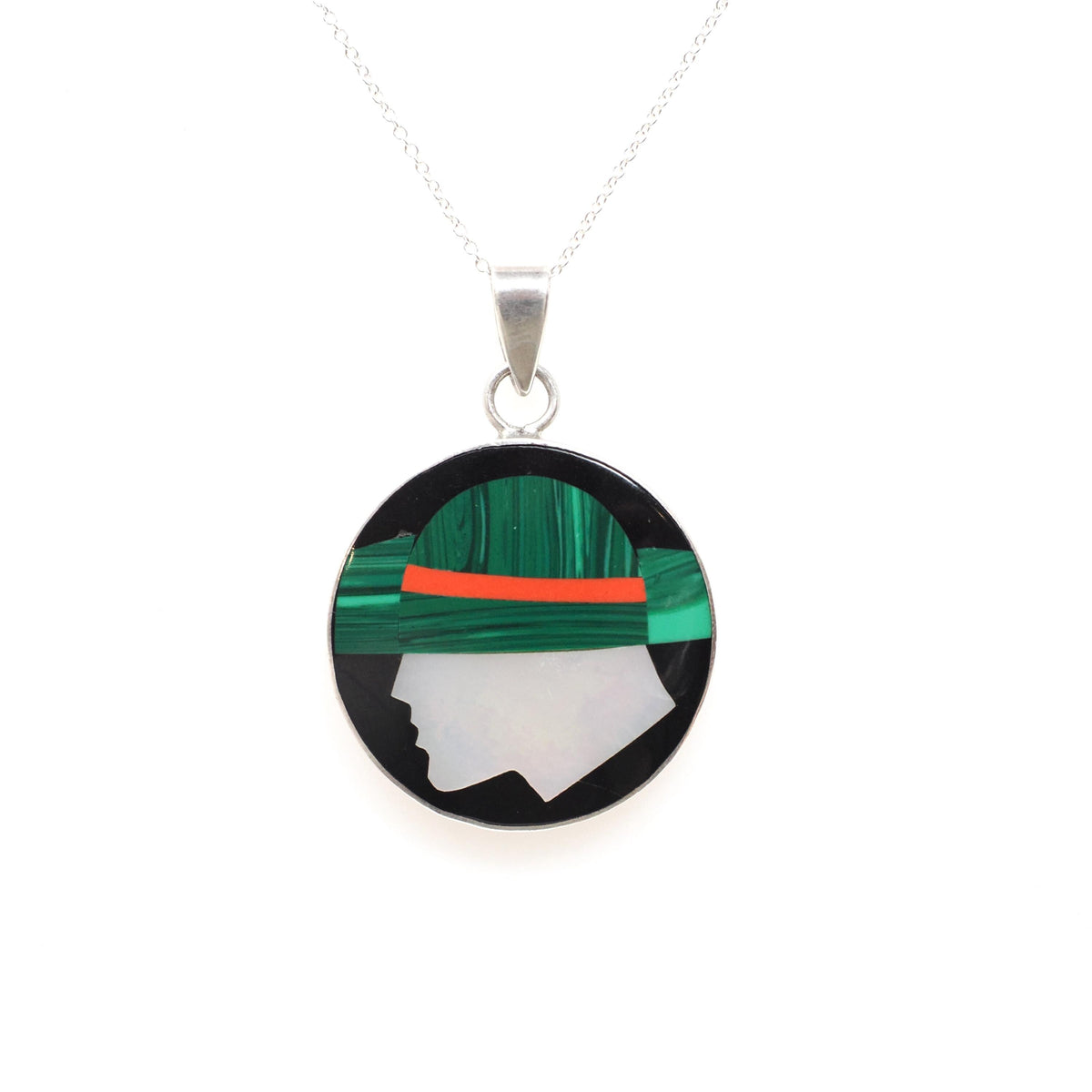 Inlayed Gemstone Pendant - Contemporary Sterling Silver Black Enamel Natural Malachite Mother of Pearl Pendant - Circa 2000s Fashion Jewelry