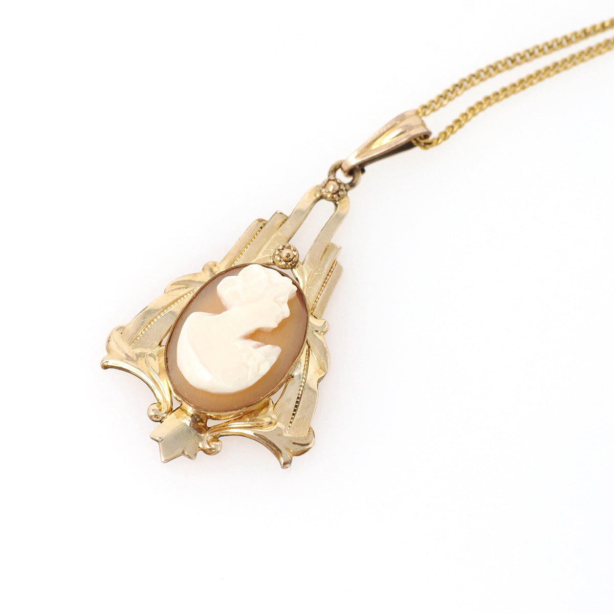 Vintage Cameo Pendant - Retro 10k Gold Filled Carved Shell Pendant Necklace - Circa 1940s Era Woman's Silhouette Statement Keepsake Jewelry