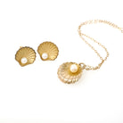 Seashell Jewelry Set - Contemporary 9k Yellow Gold Matching Cultured Pearl Necklace & Earrings - Vintage Estate Accessory Fine Jewelry
