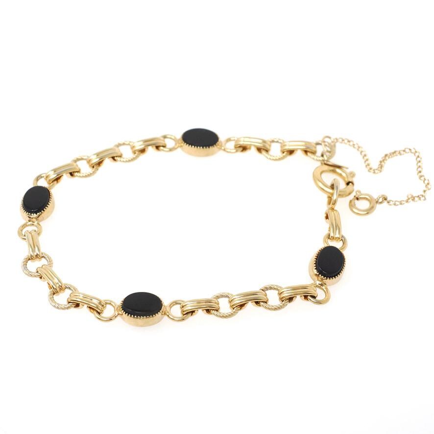 Vintage Onyx Bracelet - Modernist 12k Gold Filled Natural Oval Black Chalcedony Gemstone Links - Circa 1960s 7 Inches Safety Chain Jewelry