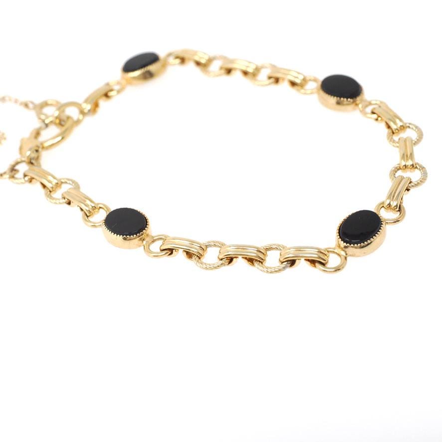 Vintage Onyx Bracelet - Modernist 12k Gold Filled Natural Oval Black Chalcedony Gemstone Links - Circa 1960s 7 Inches Safety Chain Jewelry