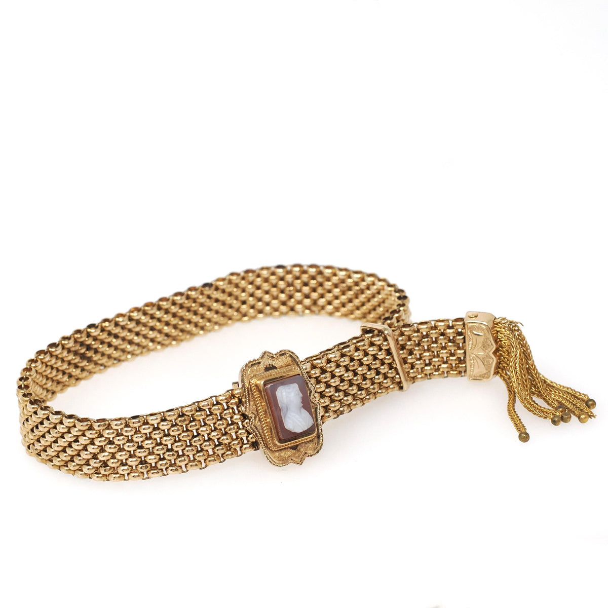Antique Mesh Bracelet - Victorian Gold Filled Adjustable Woven Tassel Sardonyx Cameo Statement - Circa 1890s Era Carved Woman Fine Jewelry