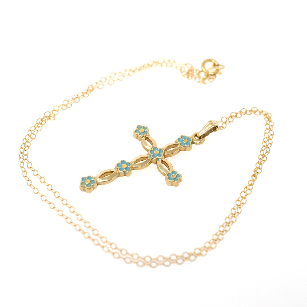 Vintage Cross Necklace - Mid Century 12k Gold Filled Blue Floral Enamel Pendant Charm - Circa 1960s Era Statement Religious Faith Jewelry