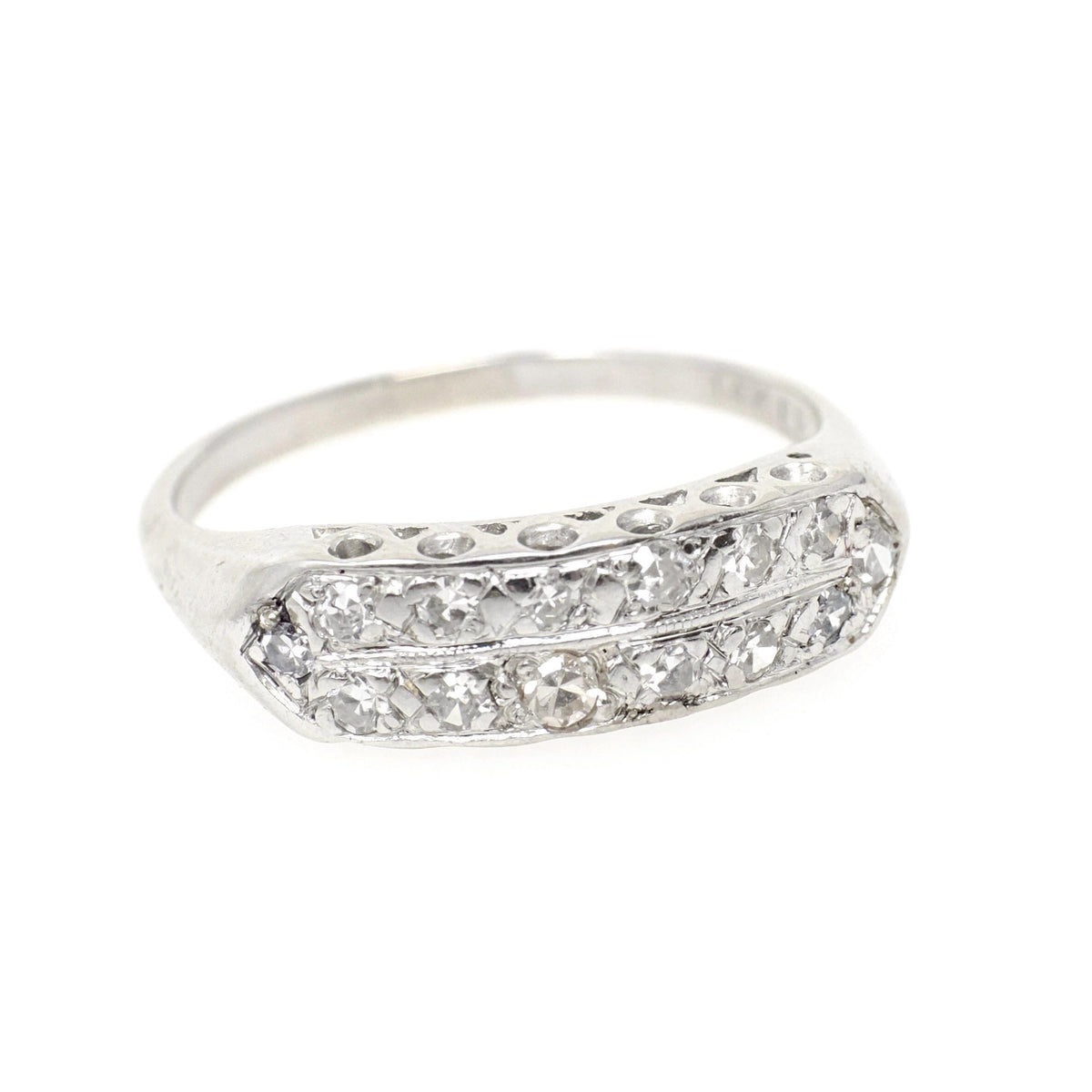 Mid Century Diamond Ring - Vintage 14k White Gold .27 CTW Two Row Wedding Band - Circa 1950s Size 7 Fine Stacking Anniversary Bridal Jewelry
