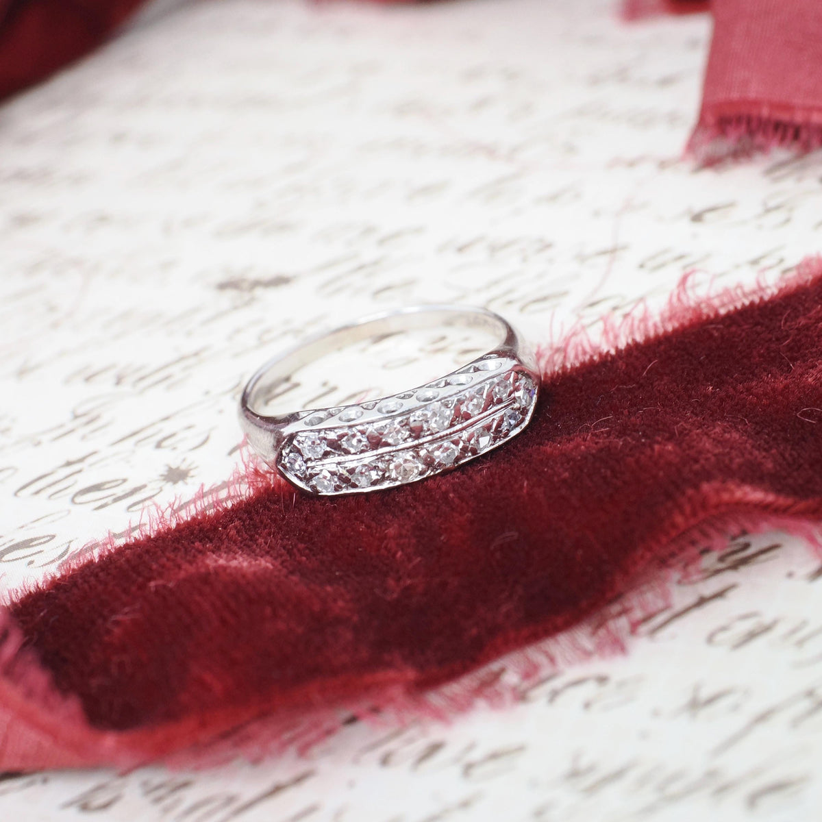 Mid Century Diamond Ring - Vintage 14k White Gold .27 CTW Two Row Wedding Band - Circa 1950s Size 7 Fine Stacking Anniversary Bridal Jewelry