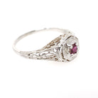 Vintage Ruby Ring - Art Deco 18k White Gold Natural Red Square Step Cut Gemstone - Circa 1930s Era Size 5 3/4 Flower Filigree Fine Jewelry