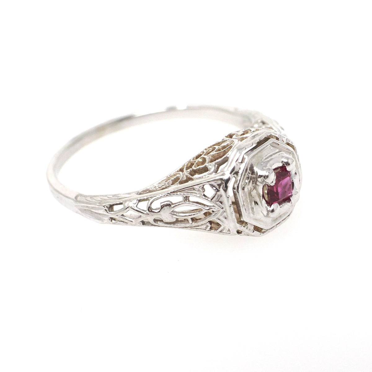 Vintage Ruby Ring - Art Deco 18k White Gold Natural Red Square Step Cut Gemstone - Circa 1930s Era Size 5 3/4 Flower Filigree Fine Jewelry