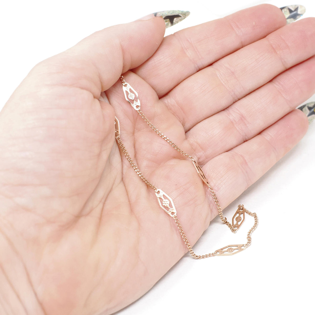 Vintage Station Necklace - Modernist 10k Yellow Gold Orange Blossom Chain - Circa 1970s Era 18 1/2 Inches Spring Ring Clasp Fine Jewelry