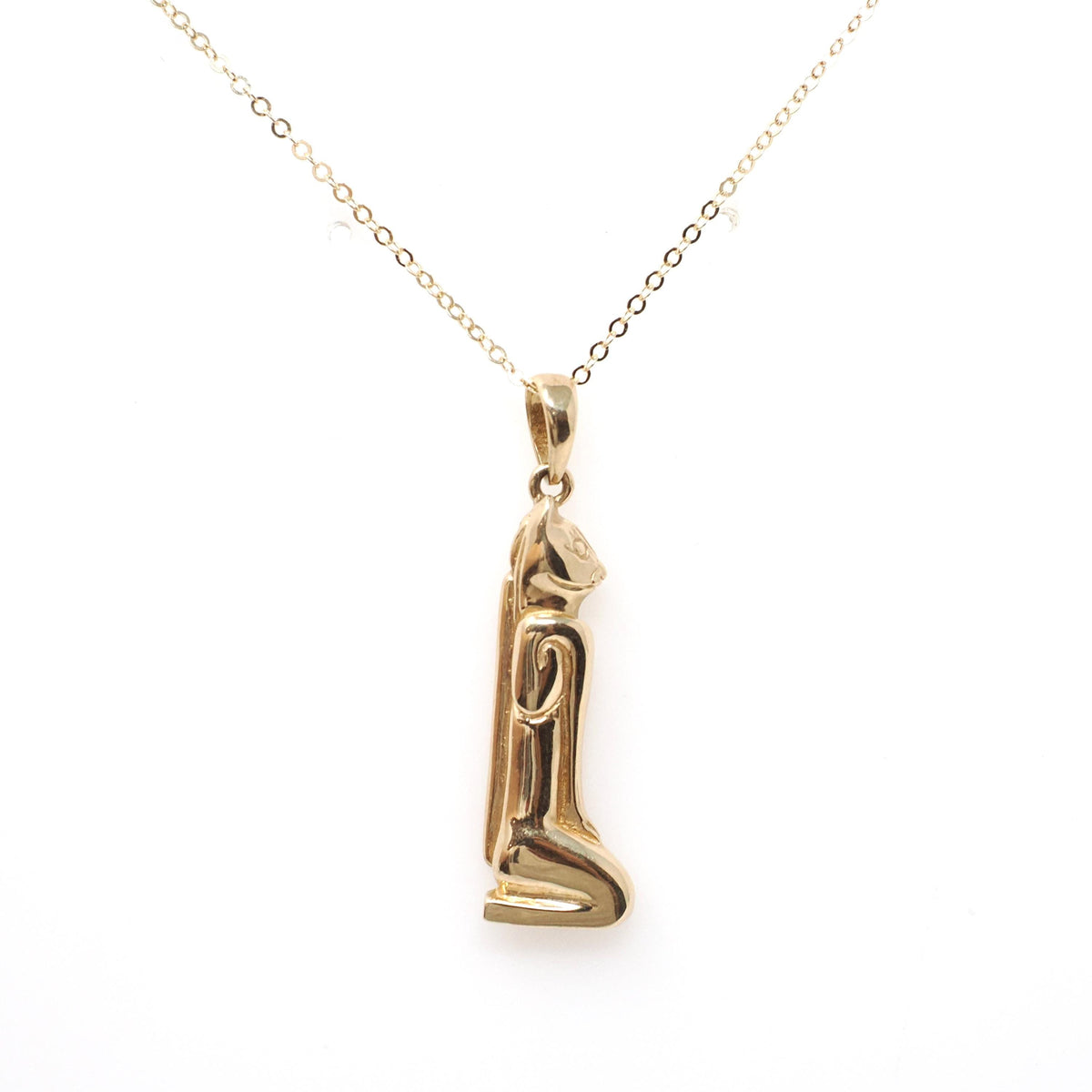 Vintage Bastet Charm - Contemporary 14k Yellow Gold Figural Egyptian Revival Feline Cat Pendant Necklace - Circa 1970's Goddess Fine Jewelry