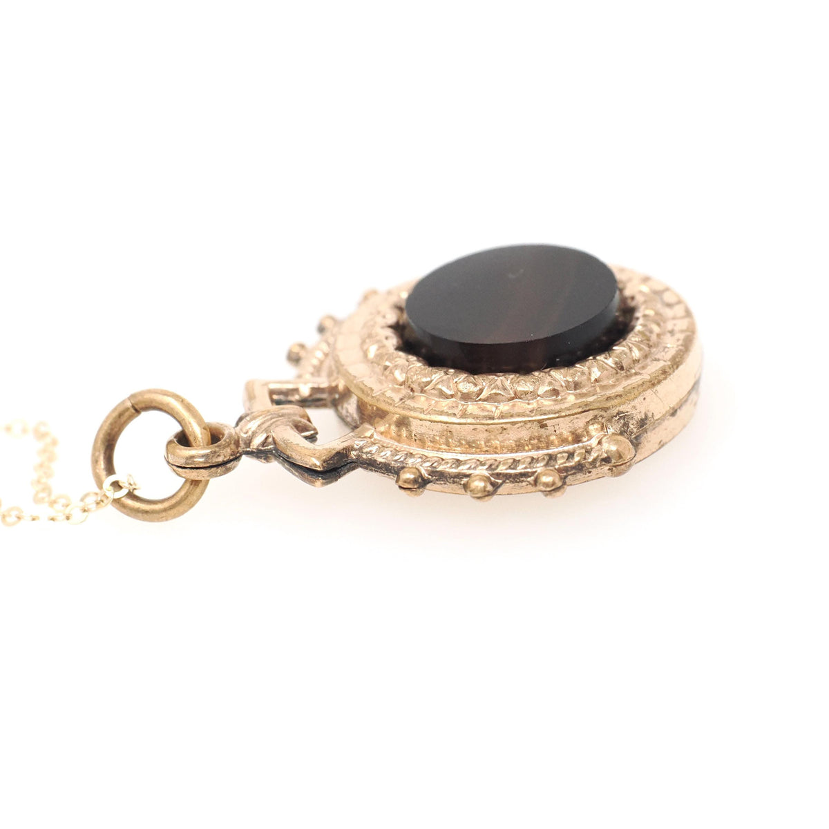 Vintage Horse Fob - Victorian Gold Filled Round Double Sided Mother Of Pearl Agate Pendant Necklace - Circa 1890s Era Equestrian Jewelry
