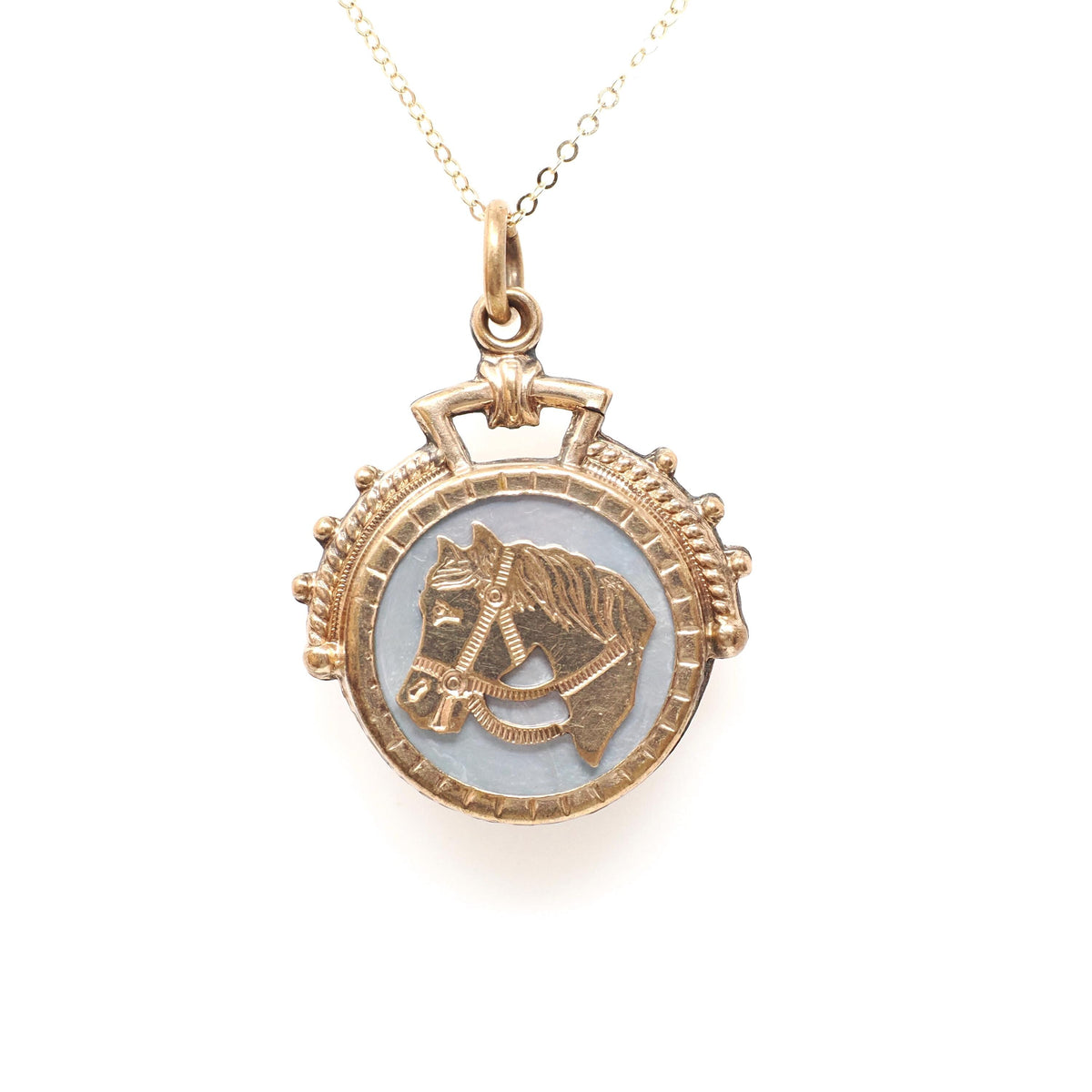 Vintage Horse Fob - Victorian Gold Filled Round Double Sided Mother Of Pearl Agate Pendant Necklace - Circa 1890s Era Equestrian Jewelry