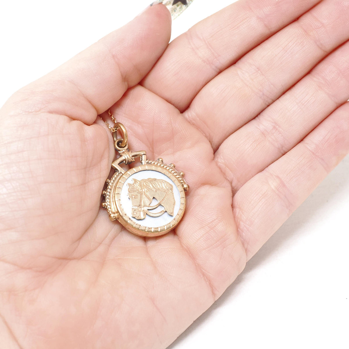 Vintage Horse Fob - Victorian Gold Filled Round Double Sided Mother Of Pearl Agate Pendant Necklace - Circa 1890s Era Equestrian Jewelry