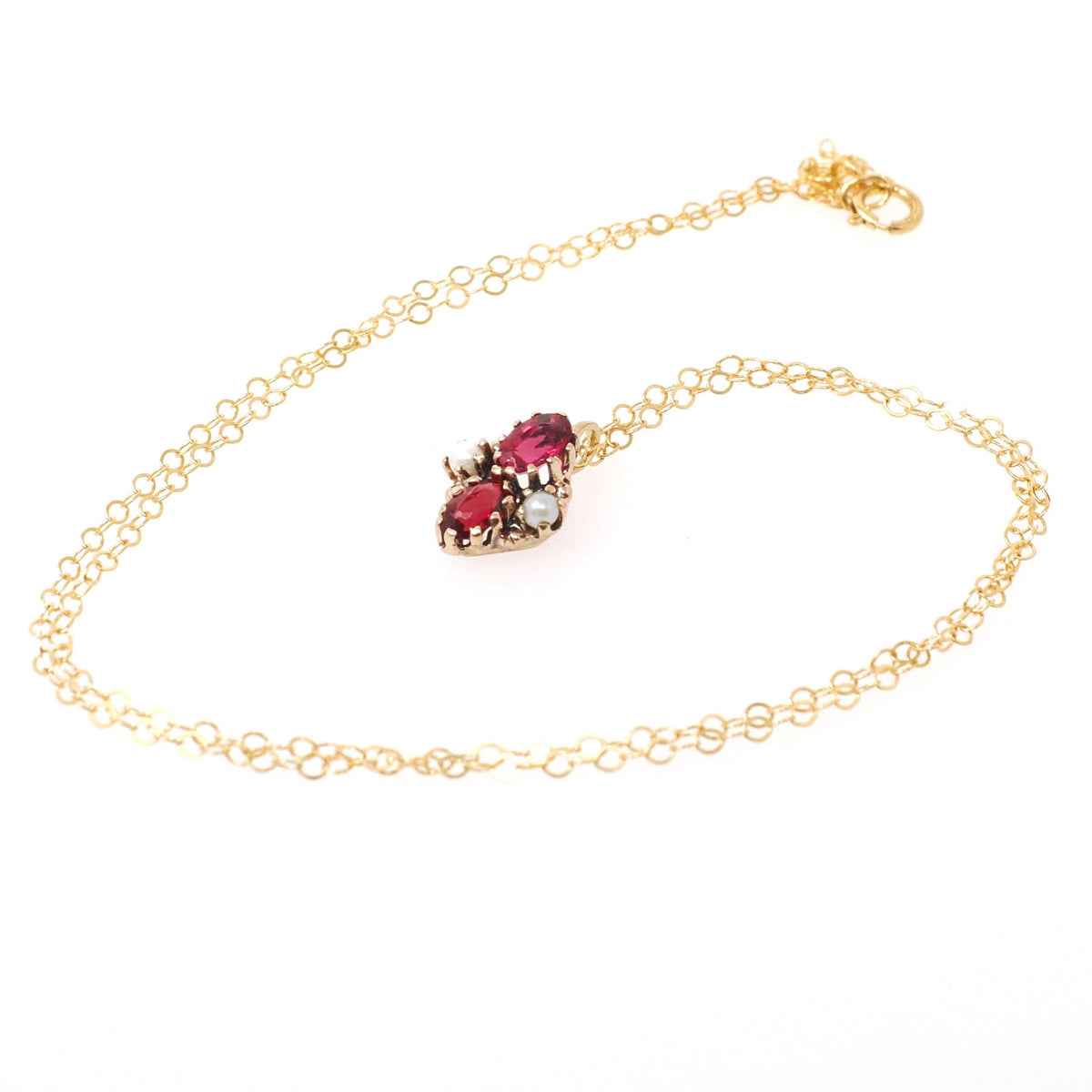 Garnet Doublet Charm Necklace - Victorian 10k Yellow Gold Red Glass Doublet Cultured Pearls Pendant - Antique Circa 1890s Era Fine Jewelry