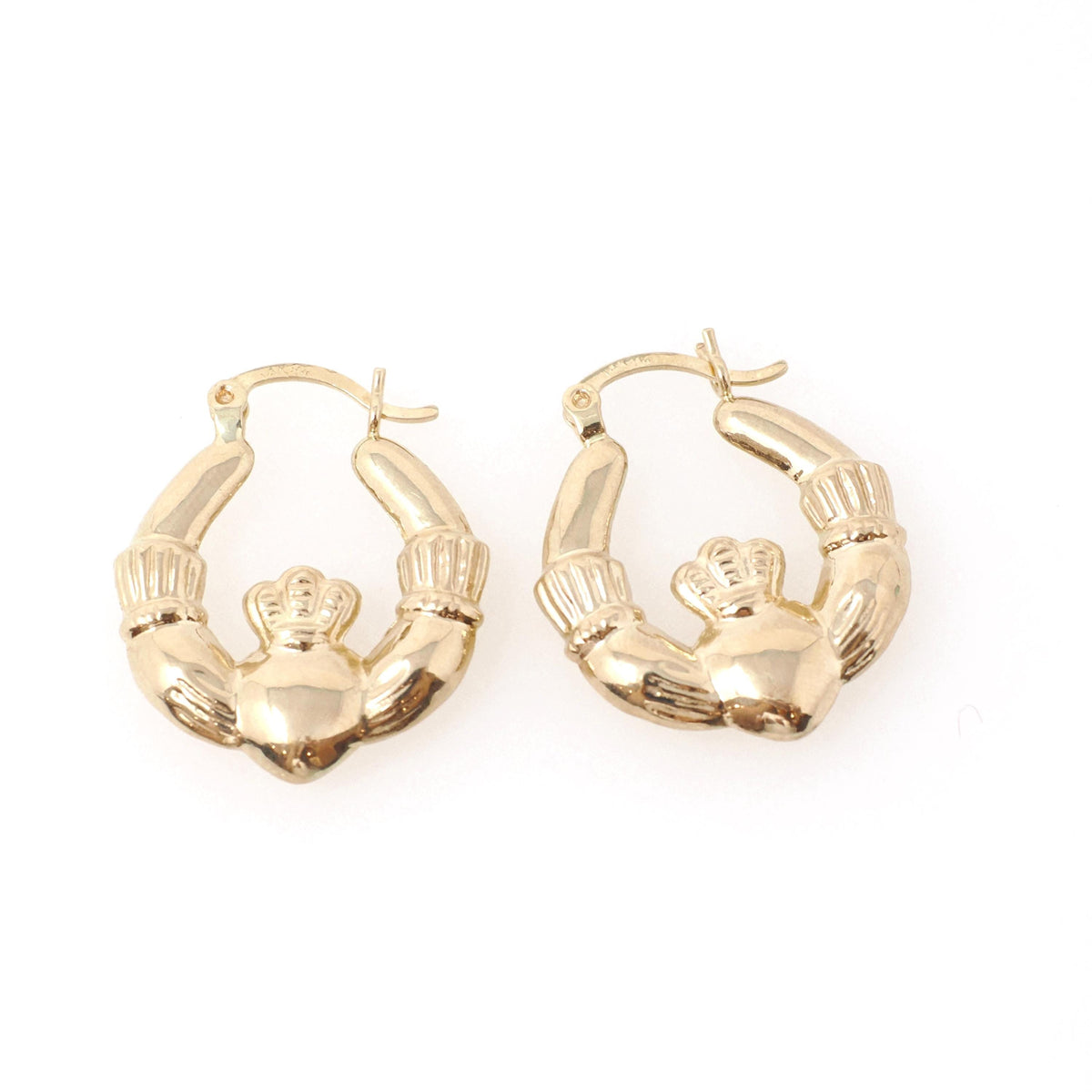 Claddagh Hoop Earrings - Estate 14k Yellow Gold Irish Heart Crown Clasped Hands - Modern Circa 2000s Era Love Loyalty Friendship Y2K Jewelry