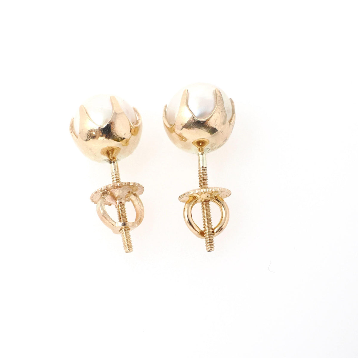 Cultured Pearl Earrings - Mid Century 10k Yellow Gold Round White Organic Gemstone Studs - Circa 1960s Era Fine Post June Birthstone Jewelry