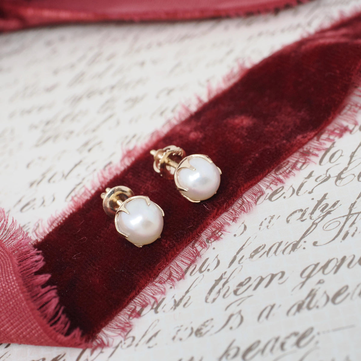 Cultured Pearl Earrings - Mid Century 10k Yellow Gold Round White Organic Gemstone Studs - Circa 1960s Era Fine Post June Birthstone Jewelry