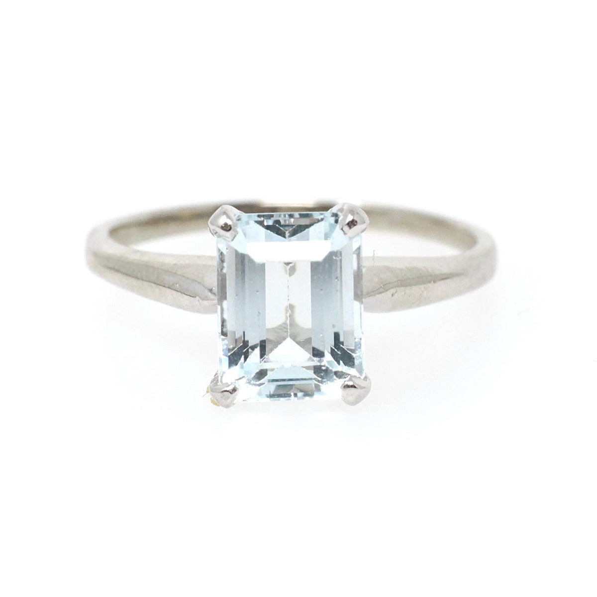 Aquamarine Solitaire Ring - Contemporary 14k White Gold Emerald Cut Natural Light Blue Gem - Circa 2000s Size 7 March Birthstone Jewelry