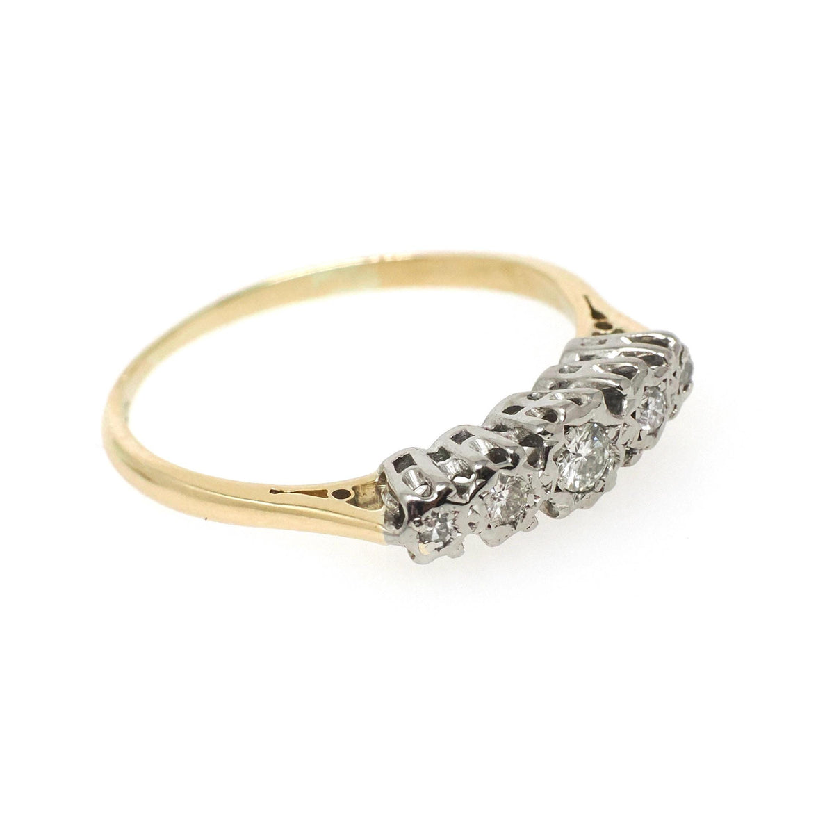 Star Diamond Ring - Mid Century 18k Yellow & White Gold Two Tone .16 CTW Graduated Band - Circa 1950s Era Size 9 Fine Stacking 50s Jewelry