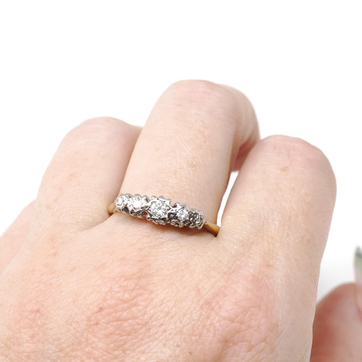Star Diamond Ring - Mid Century 18k Yellow & White Gold Two Tone .16 CTW Graduated Band - Circa 1950s Era Size 9 Fine Stacking 50s Jewelry