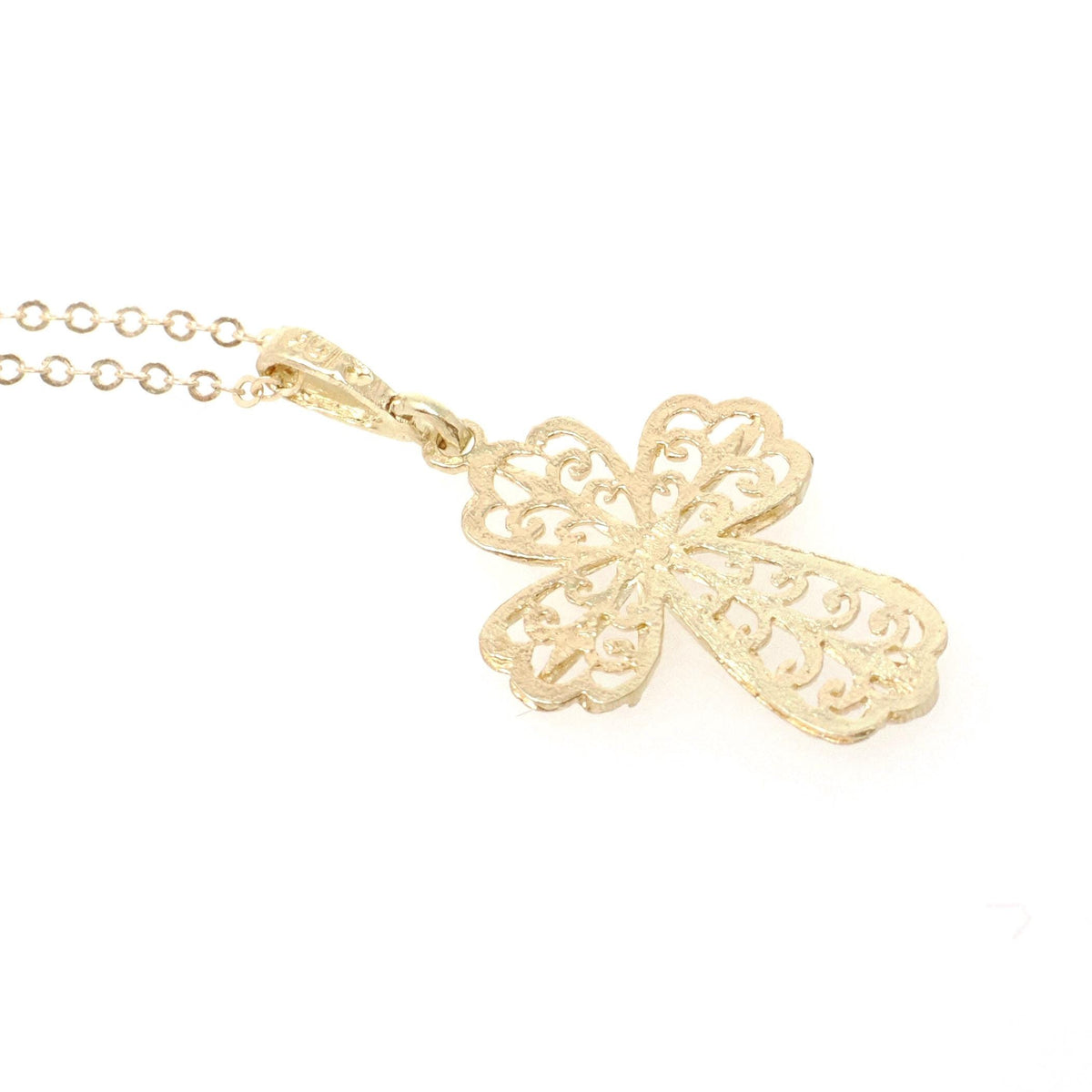 Contemporary Cross Pendant - Estate 10k Yellow Gold Diamond Cut Filigree Pendant Necklace - Circa 2000's Era Religious Faith Fine Jewelry