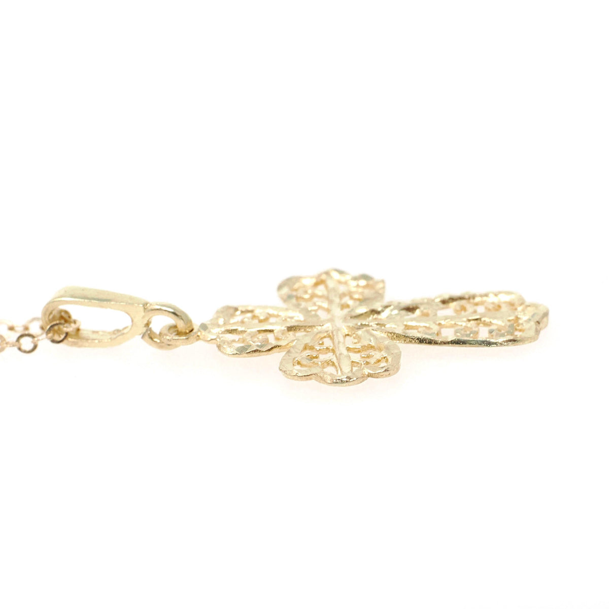 Contemporary Cross Pendant - Estate 10k Yellow Gold Diamond Cut Filigree Pendant Necklace - Circa 2000's Era Religious Faith Fine Jewelry