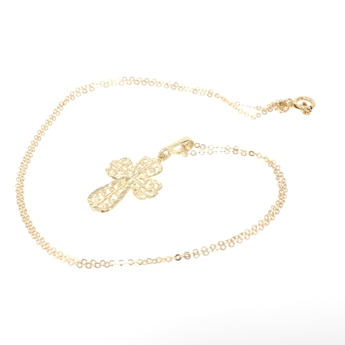 Contemporary Cross Pendant - Estate 10k Yellow Gold Diamond Cut Filigree Pendant Necklace - Circa 2000's Era Religious Faith Fine Jewelry