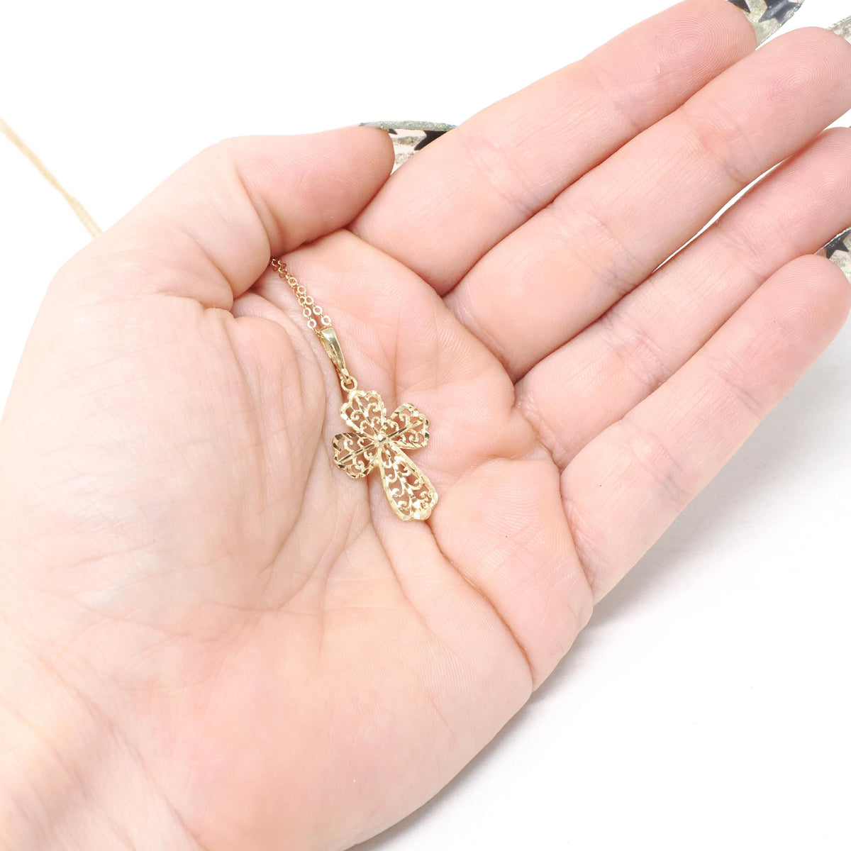 Contemporary Cross Pendant - Estate 10k Yellow Gold Diamond Cut Filigree Pendant Necklace - Circa 2000's Era Religious Faith Fine Jewelry