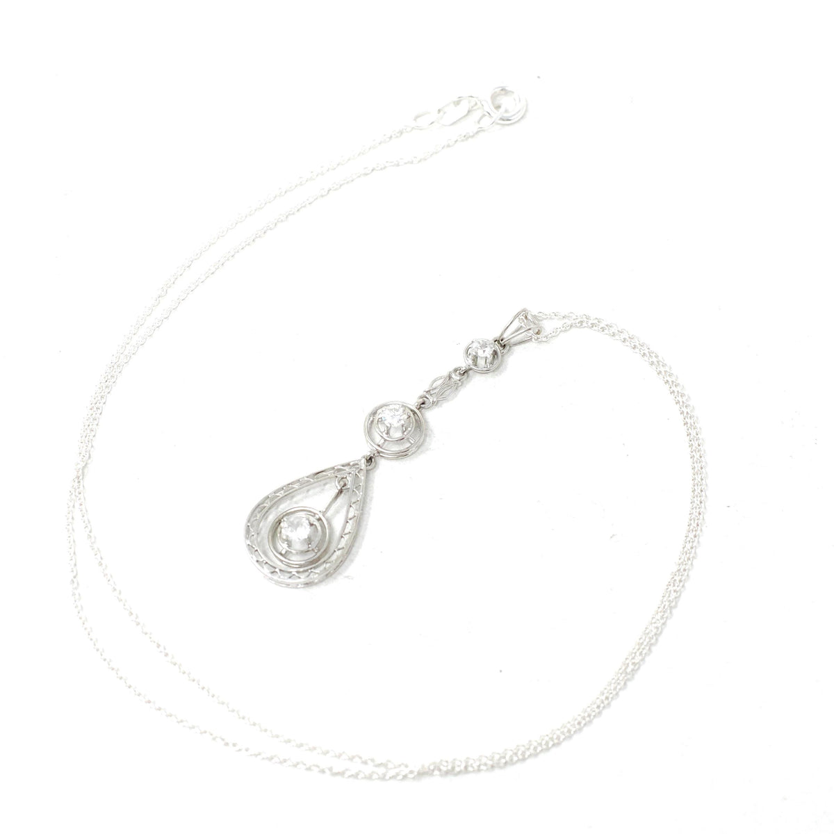 Art Deco Diamond Lavalier - Vintage 14k White Gold Natural .19 CTW Filigree Drop Pendant - Circa 1930s Era April Birthstone Fine Jewelry