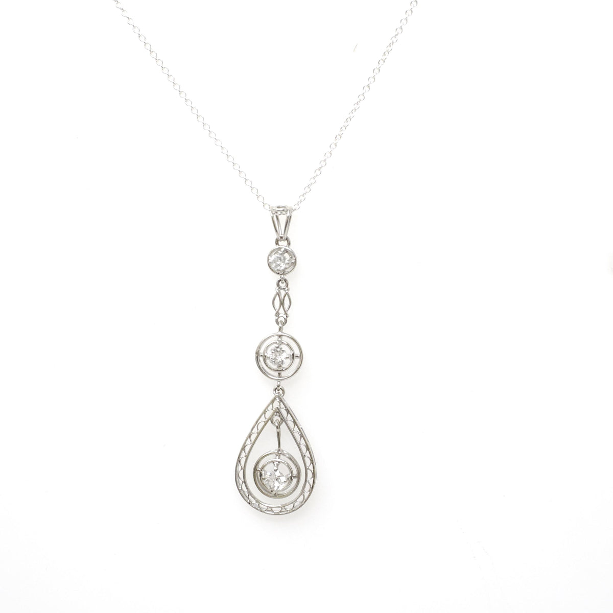 Art Deco Diamond Lavalier - Vintage 14k White Gold Natural .19 CTW Filigree Drop Pendant - Circa 1930s Era April Birthstone Fine Jewelry