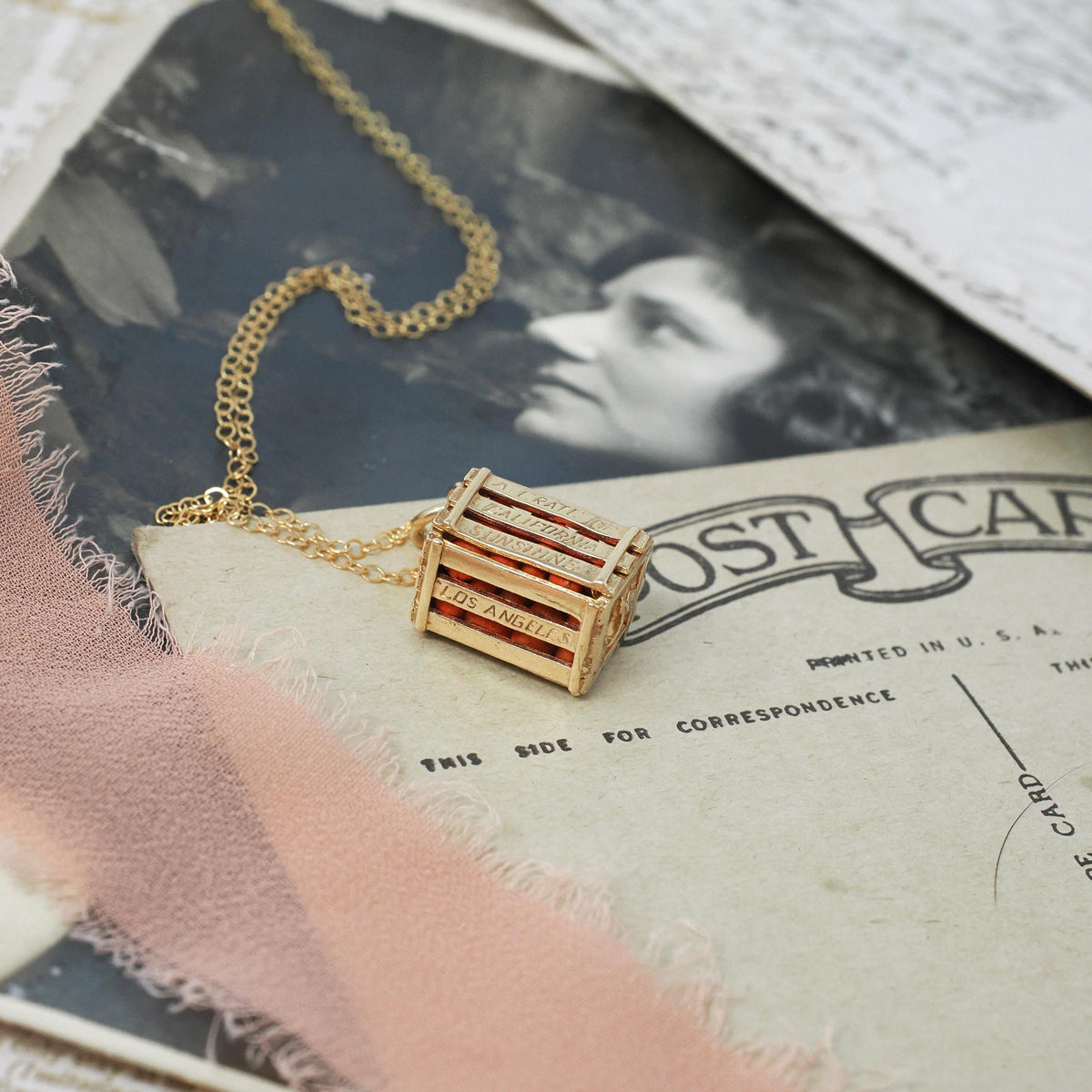 Vintage Orange Crate Charm - Estate 14k Yellow Gold Box of Citrus California Souvenir Pendant Necklace - Circa 1980s Quirky Fine 80s Jewelry