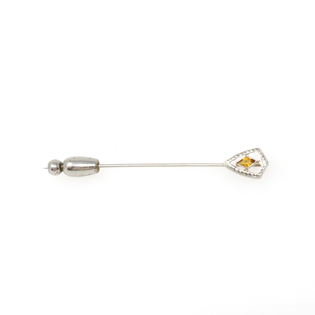 Art Deco Stick Pin - Vintage 14k White Gold Simulated Citrine Stone - Circa 1930s Era Tie Lapel Fine Orange Glass Belais Unisex Jewelry