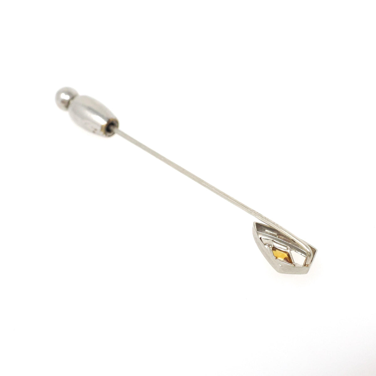 Art Deco Stick Pin - Vintage 14k White Gold Simulated Citrine Stone - Circa 1930s Era Tie Lapel Fine Orange Glass Belais Unisex Jewelry