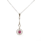 Art Deco Pendant - Vintage 14k White Gold Created Red Ruby Gemstone Charm Necklace - Circa 1930s Buttercup Lavalier Fine Statement Jewelry