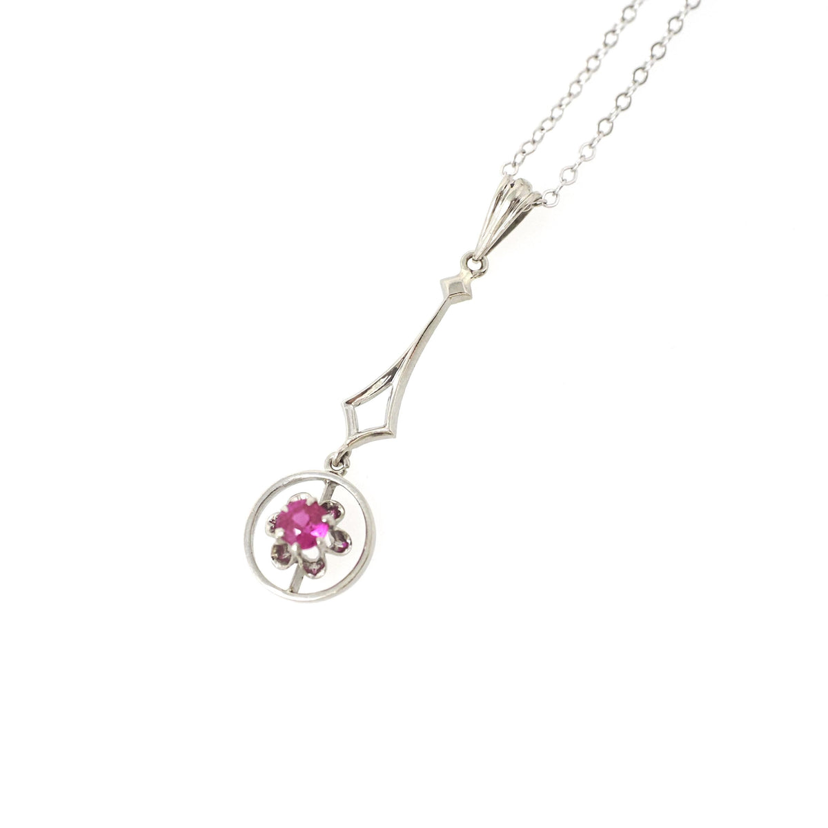 Art Deco Pendant - Vintage 14k White Gold Created Red Ruby Gemstone Charm Necklace - Circa 1930s Buttercup Lavalier Fine Statement Jewelry