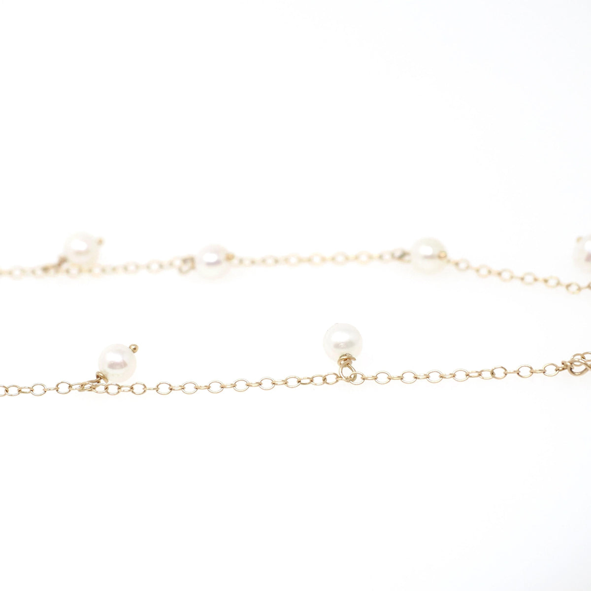 Cultured Pearl Necklace - Contemporary 14k Yellow Gold Dangling Dainty Fringe Cable Link Chain - Circa 1990s Era 18 Inch Fine Luster Jewelry