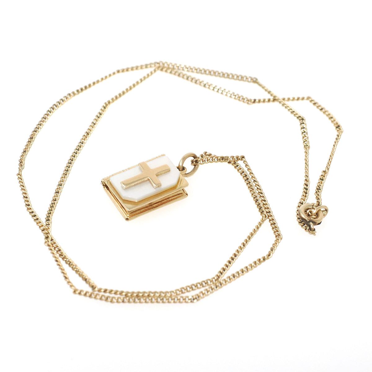 Vintage Bible Locket - Mid Century 14k Gold Filled Mother Of Pearl Cross Necklace Pendant Book - 1950s Era The Lord's Prayer JMF Co Jewelry