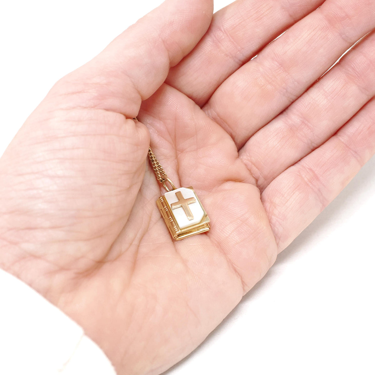 Vintage Bible Locket - Mid Century 14k Gold Filled Mother Of Pearl Cross Necklace Pendant Book - 1950s Era The Lord's Prayer JMF Co Jewelry