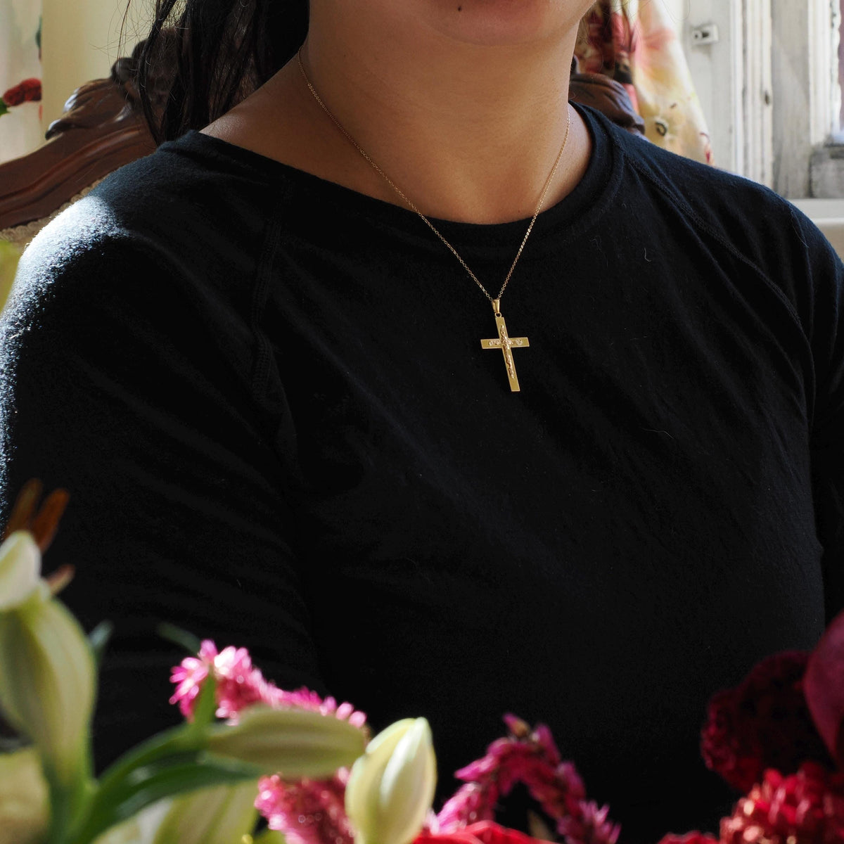 Vintage Cross Necklace - Mid Century 12k Gold Filled Rose Gold Flowers Pendant - Circa 1960s Era Religious Faith Signed Sturdy Jewelry
