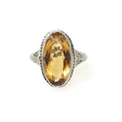 Vintage Citrine Ring - Art Deco 18k White Gold Flower Filigree Oval Faceted Orange Gemstone - Vintage Circa 1930s Era Size 7.5 Fine Jewelry