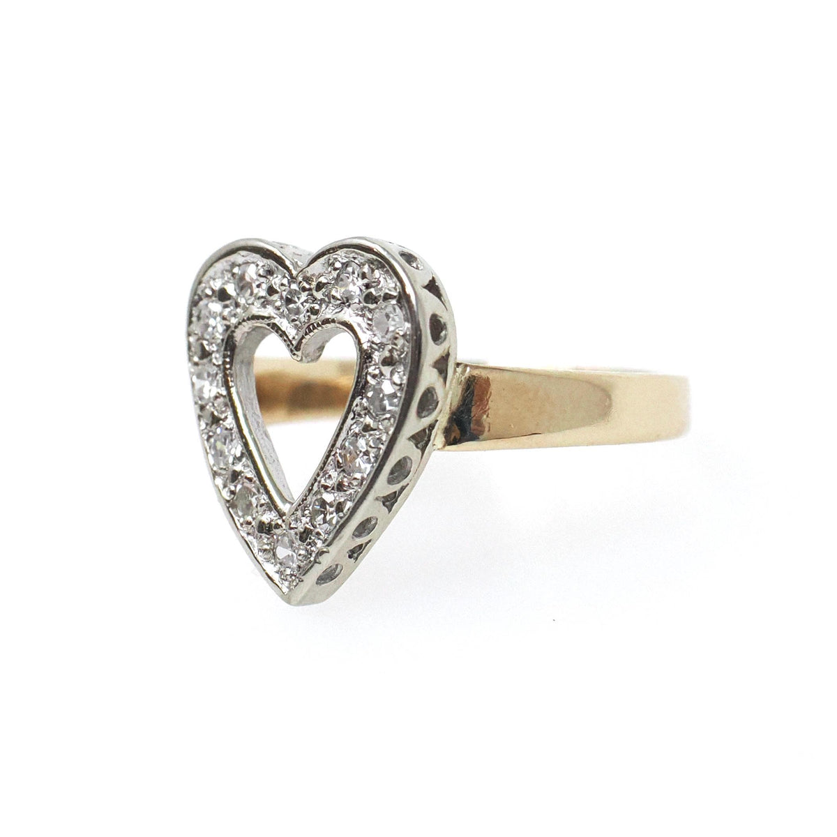 Diamond Heart Ring - Mid Century 14k Yellow & White Gold Sweetheart Promise Love - Vintage Circa 1950s Era Size 4 3/4 Statement Fine Jewelry